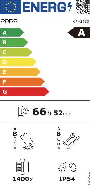 Label énergétique OPPO A60 5G (128 Go, Rouge Nébuleuse, 6.67", Double SIM, 50 Mpx, 5G)