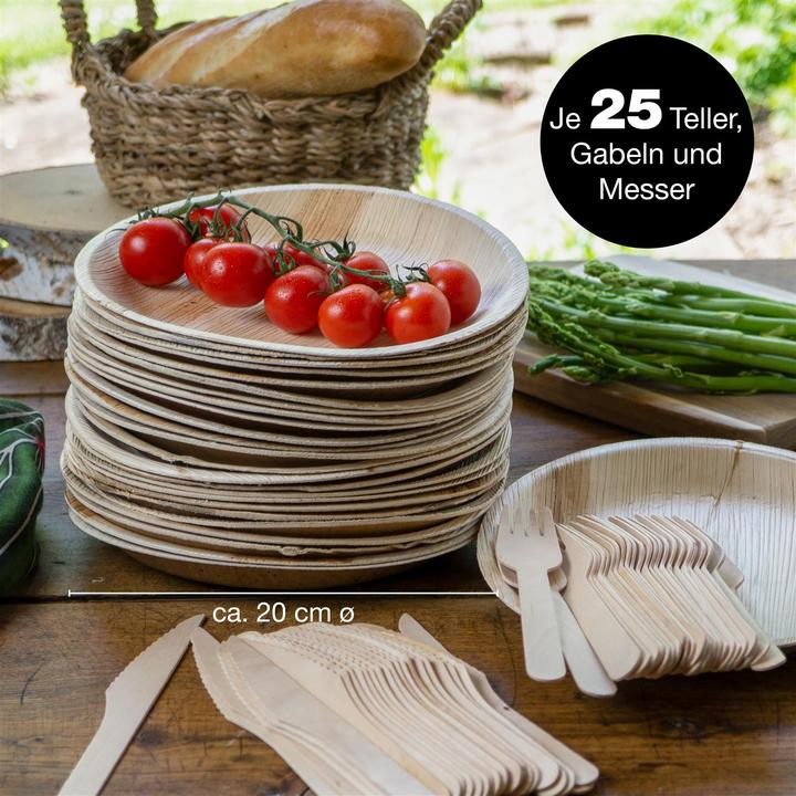 Produktbild Moritz & Moritz 75tlg. Palmblatt Geschirr Rund 20 cm Ã˜ inkl. Besteck Einweg