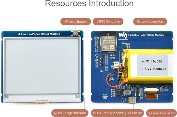 Image du produit WaveShare Écran E-Ink Cloud de 4,2 pouces avec WiFi et Bluetooth