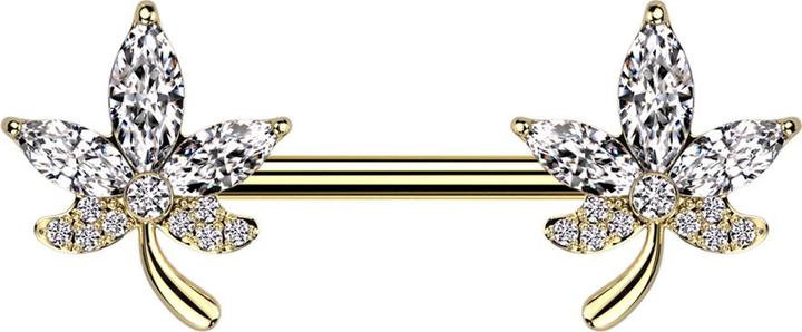 Star Piercing Barbell vergoldet Blatt Kristalle silber (Chirurgenstahl 316L, Messing)
