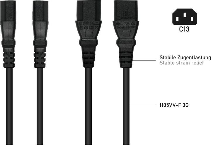 Image du produit Kabelmeister Câble secteur en Y, prise de terre type E+F (90°) sur prise C13 et prise C5, noir (2 m)