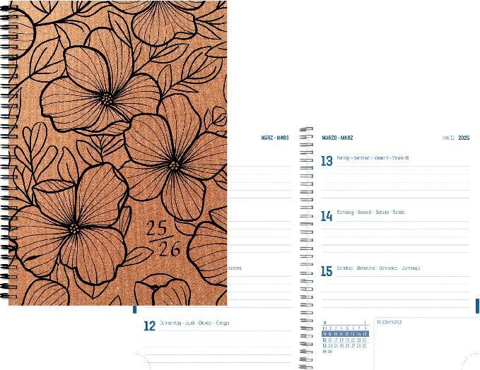 Produktbild Simplex Schüleragenda Leather 25/26 500405.26 1W/2S 17M Flowers ML 14.8x21cm (14.8 x 21 cm, Rätoromanisch, Deutsch, Französisch, Italienisch)