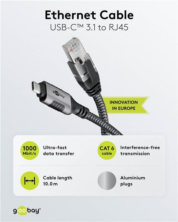 Actual product image Goobay Ethernet cable USB-C to RJ45, 10 m (USB 3.1, RJ45 Gigabit Ethernet (1x))