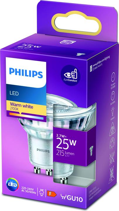 Image du produit Philips Lampe 2,7 W (25 W) GU10 Blanc chaud (GU10, 3.10 W, 215 lm, 1 x, F)