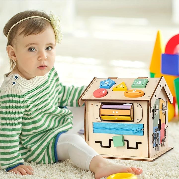 Actual product image Activity Board Busy House, early education for home enlightenment, Busy House made of wood, 14-in-1 learning toy