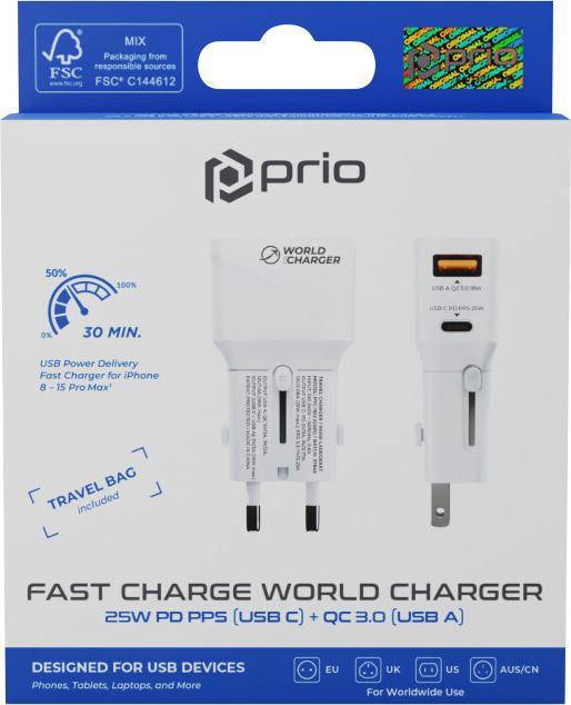 Produktbild prio Fast Charge World Reiseladegerät 25W PD PPS (USB C) + QC 3.0 (USB A) weiss (25 W)