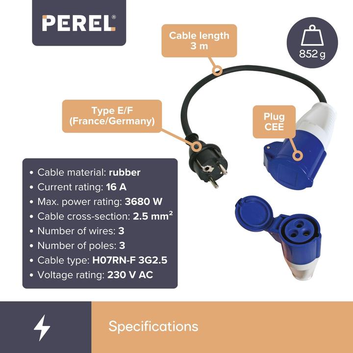 Produktbild Perel KABEL - SCHUKO-STECKER AUF CEE-KUPPLUNG - 3 m (3 m)