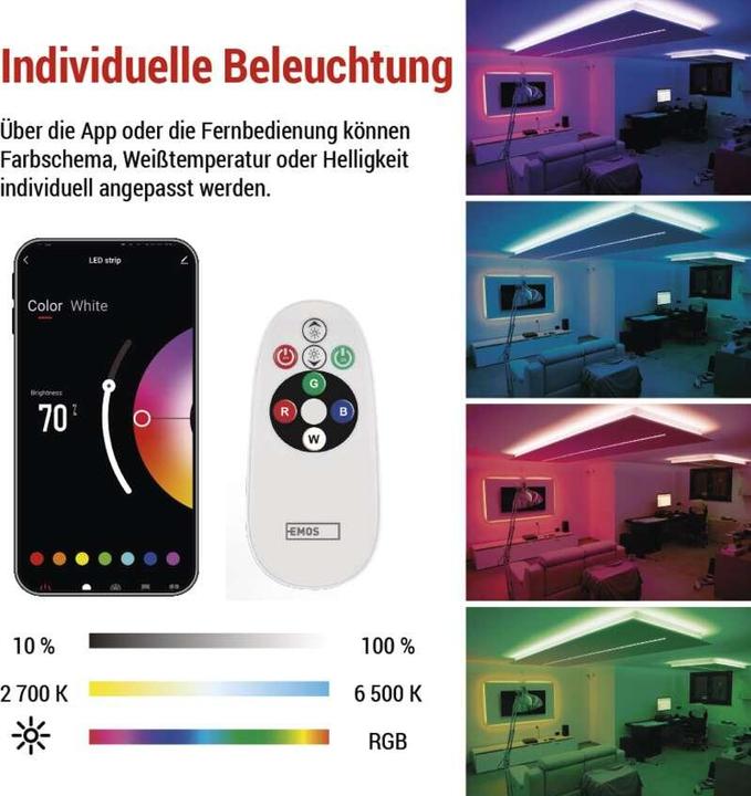 Image du produit Emos GoSmart LED-Streifen WiFi 5 m, 22W, 1400lm, RGB/CCT (Blanc froid, Blanc chaud, 500 cm, Intérieur)