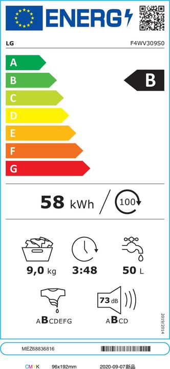 Energie-Label LG Waschmaschine F4WV309S0 Fassungsvermögen 9 kg 1400 U/min (9 kg, Links)