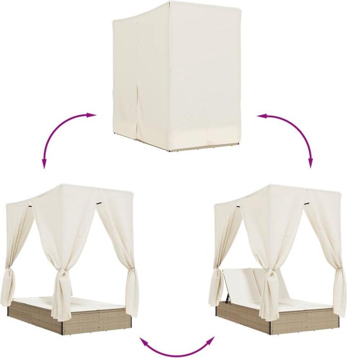 Produktbild VidaXL Doppelliege Sonnenliege Gartenliege mit Dach Vorhängen Beige Poly Rattan (114 cm)