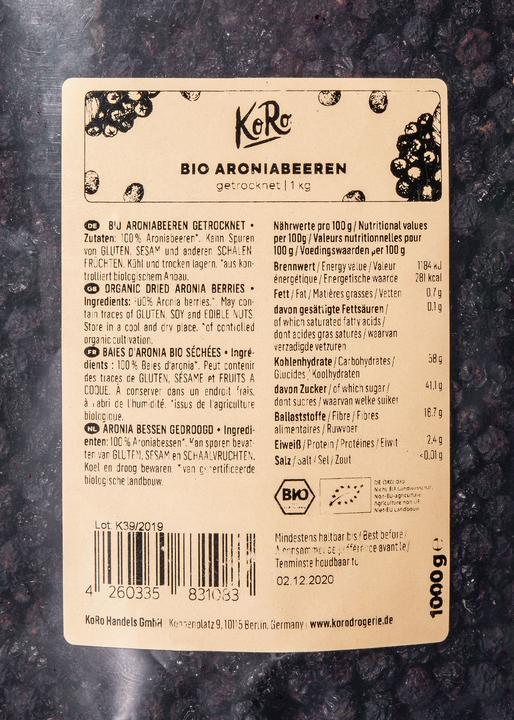 Actual product image KoRo Organic dried aronia berries (1000 g)