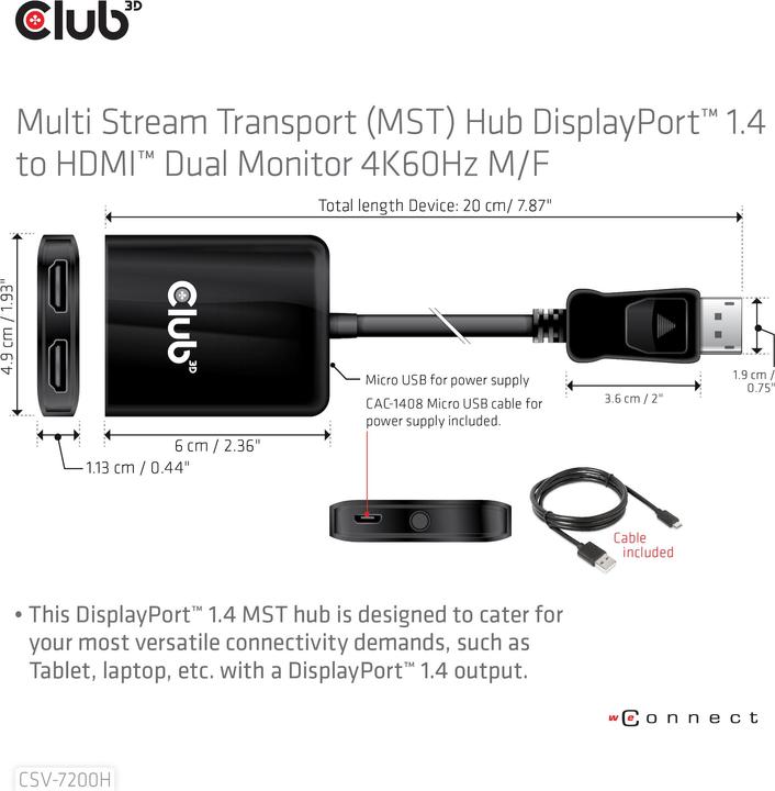 Actual product image Club 3D Club3D Multi Streaming Transport Hub 1xDP->2xHDMI (HDMI, 20 cm)