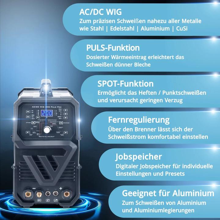 Produktbild Stahlwerk Digitales Schweissgerät AC/DC WIG 200 Puls Pro Vollausstattung