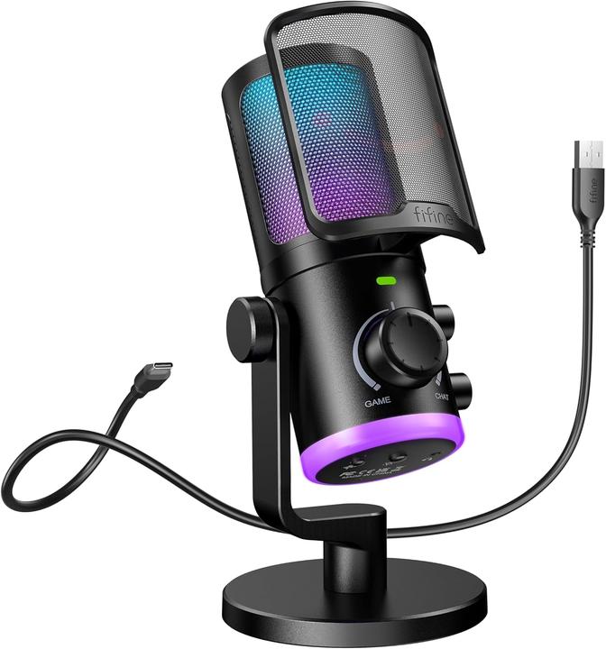 Fifine AM6 Gaming condenser microphone with chat and gaming volume, RGB light ring, noise cancelling