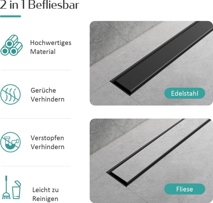 Produktbild Emke Duschrinne Edelstahl, Bodenablauf Komplettset Siphon mit Geruchsstop, Haarsieb, 800cm, Schwarz (800 mm)