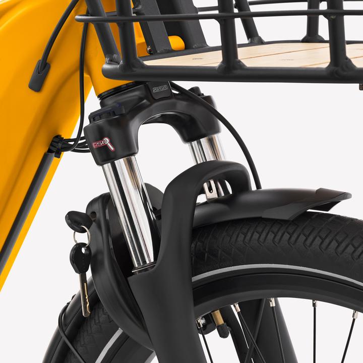 Actual product image Btwin E-cargo bike Cargobike R500E Longtail V2 yellow (44 cm)