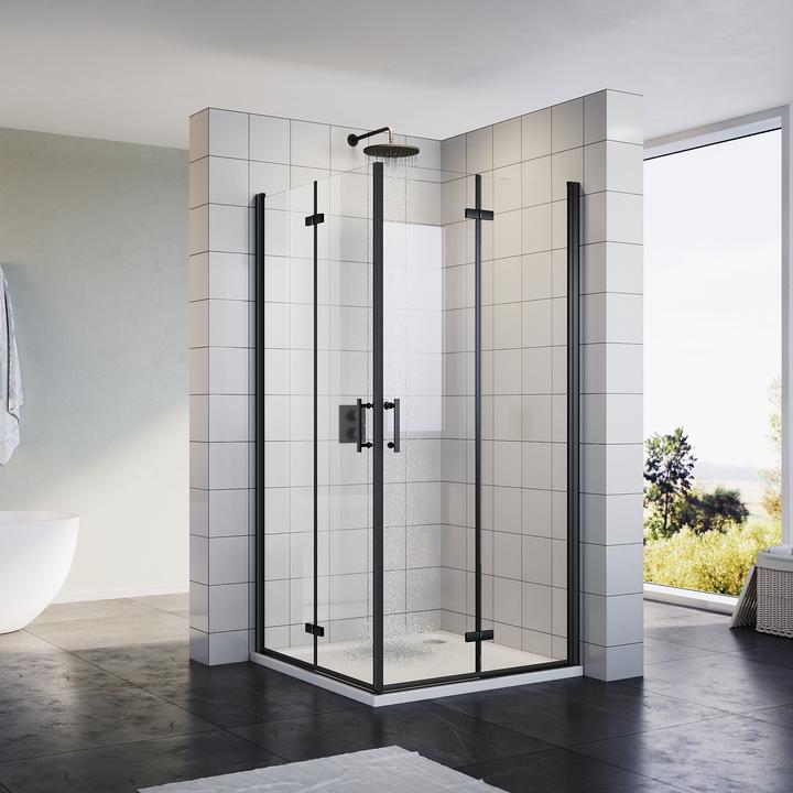 Produktbild SONNI Falttür, Duschabtrennung, Eckeinstieg, Duschkabine, 90 x 90 cm, schwarz, 6 mm, Glas, 180 Grad (100 cm, 90 cm, 195 cm)
