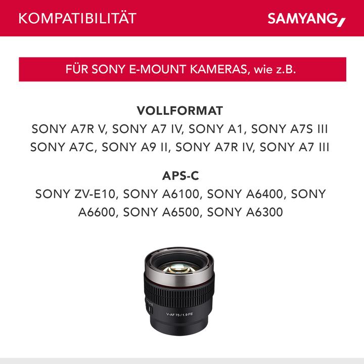 Actual product image Samyang V-AF 75mm T1.9, Sony E (Sony E, full size)