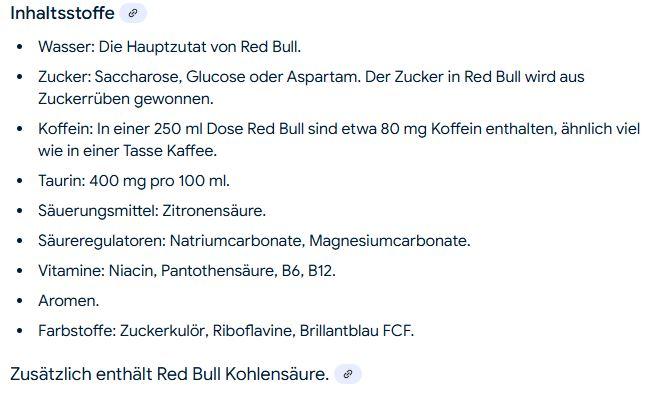 Nährwerte und Zutaten Red Bull Energy Drink (24 x 25 cl)