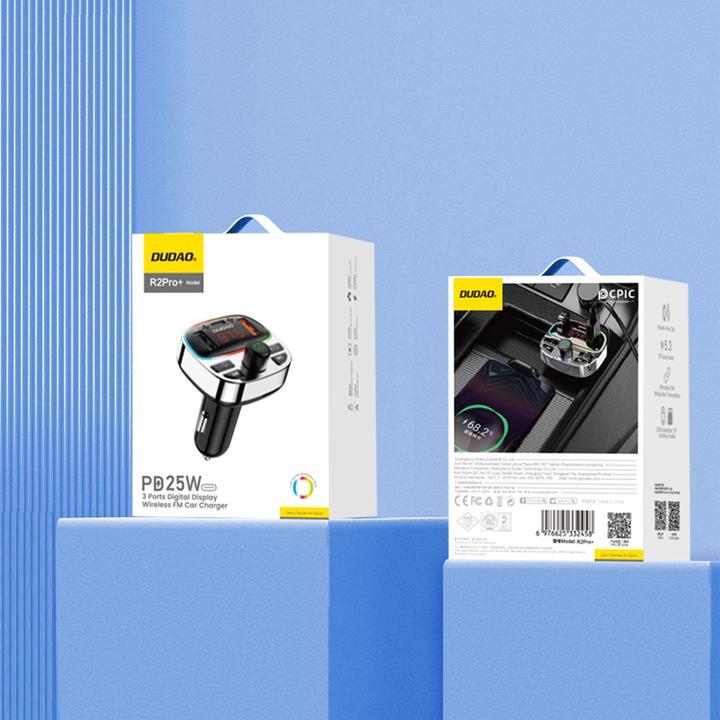 Actual product image Dudao R2PRO+ Transmitter with PD25W Bluetooth 5.3 RGB Charging Ports - Black and Silver