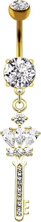 Star Piercing Banane 14k vergoldet mit zwei Kugeln Kristall silber Anhänger Königsschlüssel (Messing, Chirurgenstahl 316L)