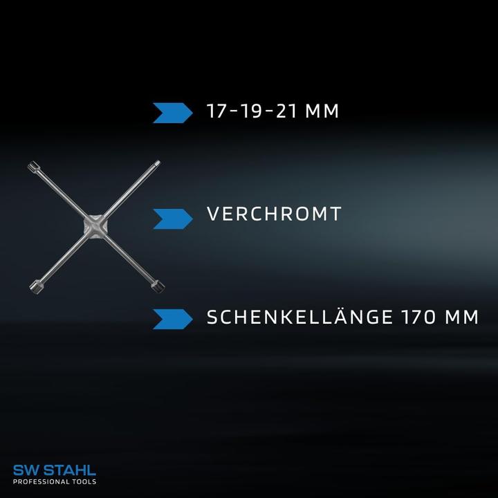 Produktbild SW-Stahl 02100L Radkreuzschlüssel, 1/2", 17 mm 19 mm 21 mm I Rad Kreuzschlüssel I Radkreuz 1/2 I Wer