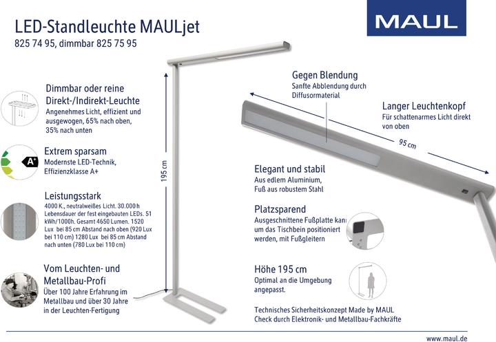 Image du produit Maul Lampe à diodes LED sur pied MAULjet, hauteur 1950 mm, aluminium RAL 9006 (3218 lm)