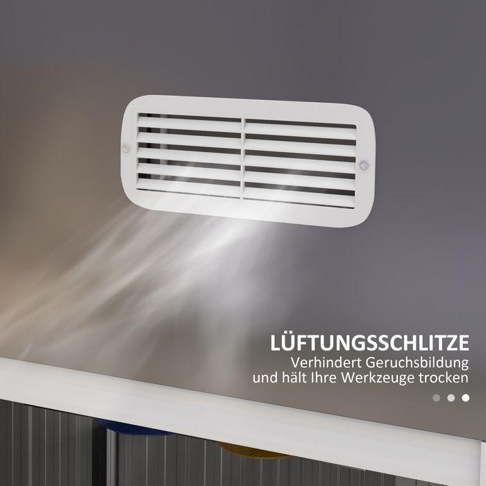 Produktbild Swisshandel24 Gerätehaus Stahl 2,7m² UV-Schutz 2 Schiebetüren Regal Fundament Dunkelgrau 238x132x198,5cm