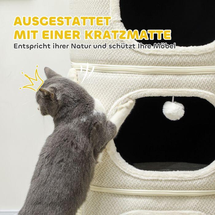 Produktbild Swisshandel24 Kratztonne, 100 cm hoch Katzentonne mit 3 Höhle, Kratzbaum für Katze bis 6 kg (100 cm, Kaffeebraun+Cremeweiss)