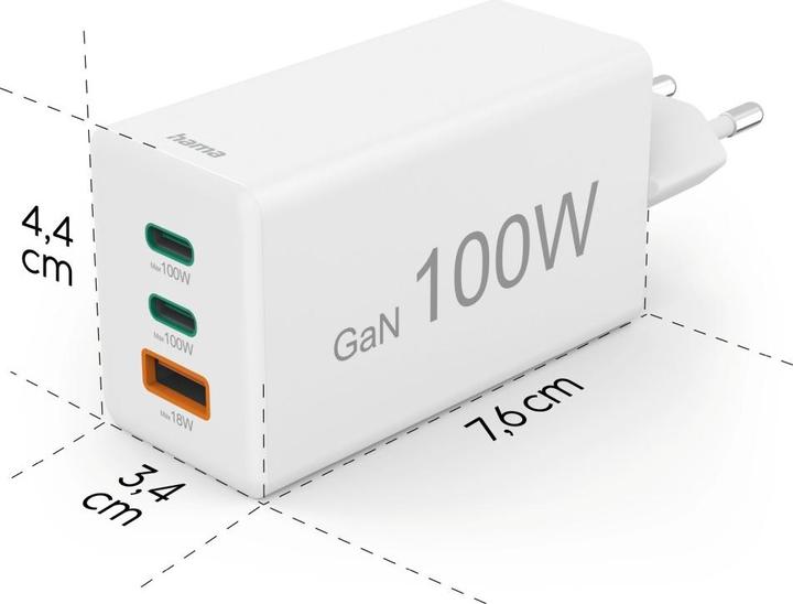 Produktbild Hama Schnellladegerät GaN, 2x USB-C PD, 1x USB-A Q (100 W)
