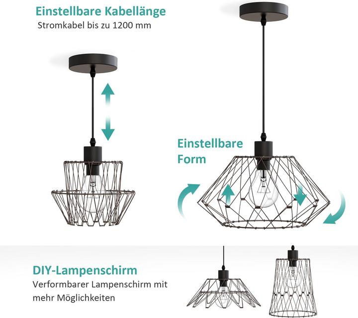 Produktbild Emke Pendelleuchte Lydia, E27 Pendellampe Retro 1 flammige Hängelampe Metallic, Schwarz (E27)