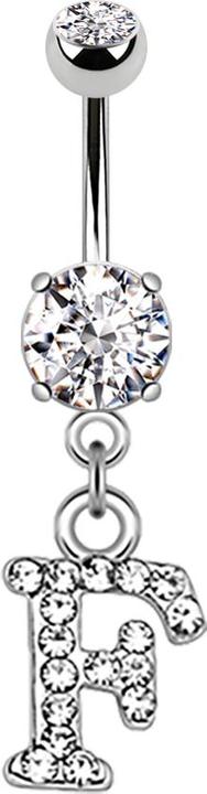 Star Piercing Banane silber mit Anhänger Kristall Buchstabe F (Messing, Chirurgenstahl 316L)