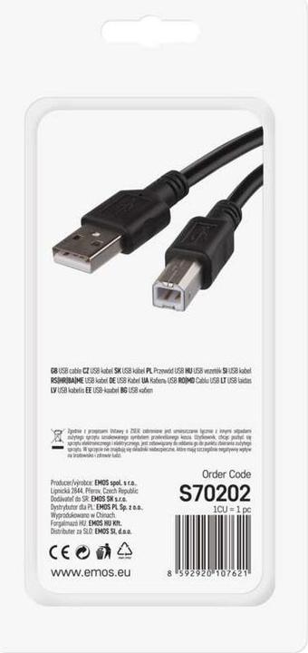 Produktbild Emos USB Kabel 2.0 A Stecker – B Stecker 2m (2 m, USB 2.0)