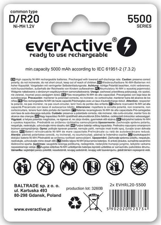 Produktbild Everactive Rechargeable batteries R20/D Ni-MH 5500 mAh ready to use - Batterie - Mono (D) (2 Stk., D, 5500 mAh)