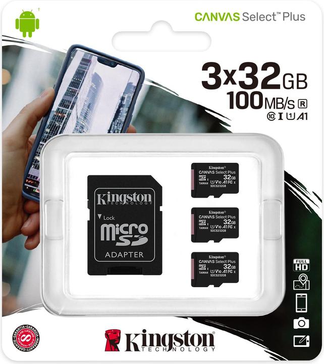 Produktbild Kingston Canvas Select Plus microSD 32GB Multi-Pack of 3 (32 GB, microSDHC, U1, UHS-I)