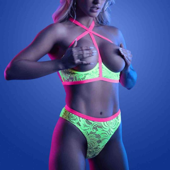 Actual product image Glow PERSUASIVE Open Cup Bra and Panty - Neon Green