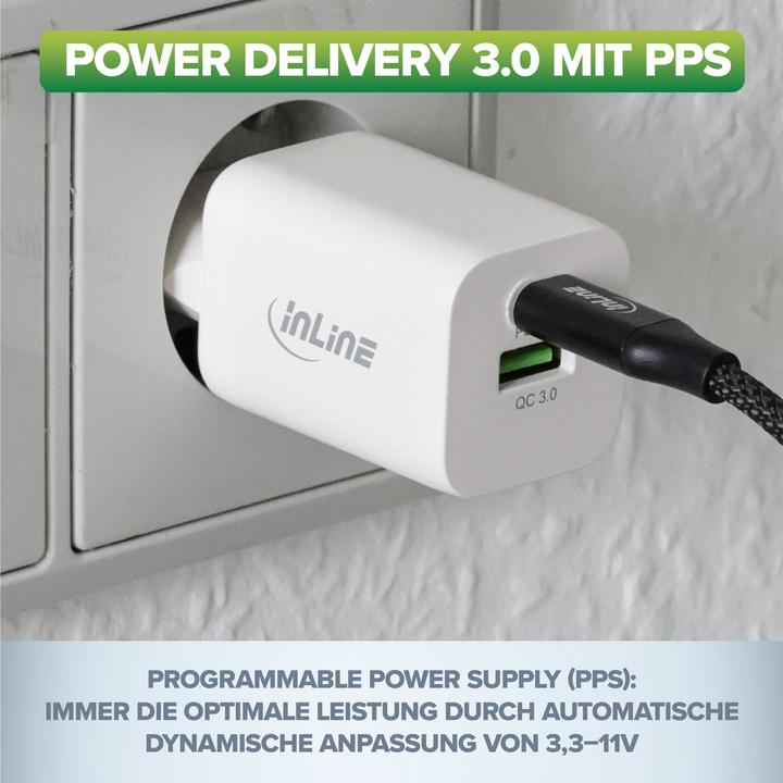 Actual product image InLine USB power adapter, charger, USB-A + USB-C, 33W, Power Delivery + Quick Charge, white (33 W)