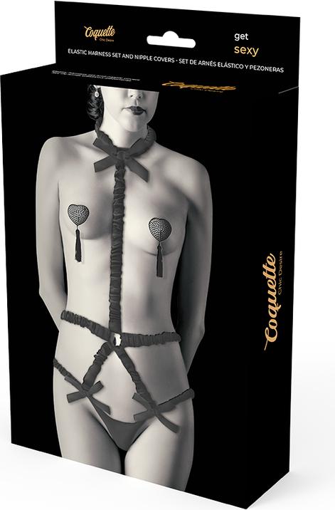 Image du produit Coquette Kit Harnais élastique Chic Desire Et Cache-Tétons Noir (Taille unique)
