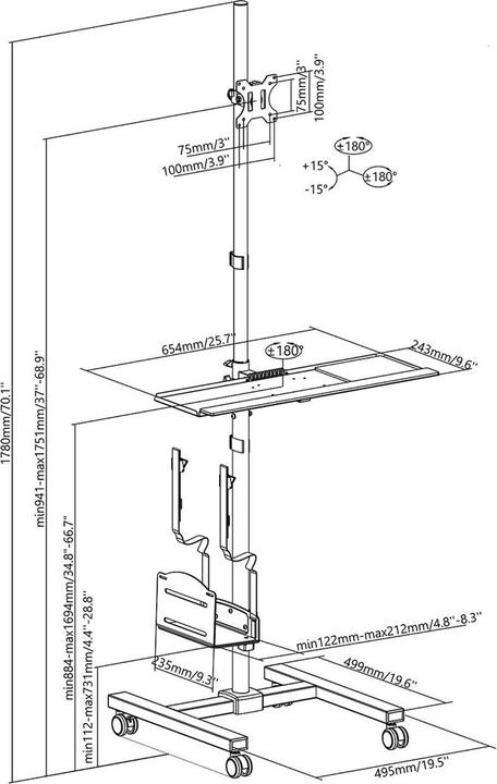 Actual product image Maclean professional stand trolley mobile computer workstation on wheels max 17 -32 max 20kg MC