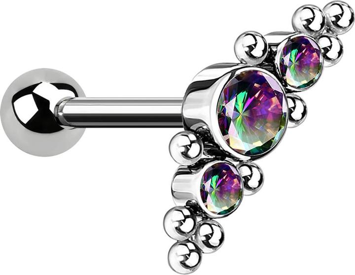 Hollywood Body Jewelry Micro Threadless Barbell silber mit Kugel und mittig mit Kugeln und drei Kristallen dunkel multicolo (ohne Messing, Titan G23)