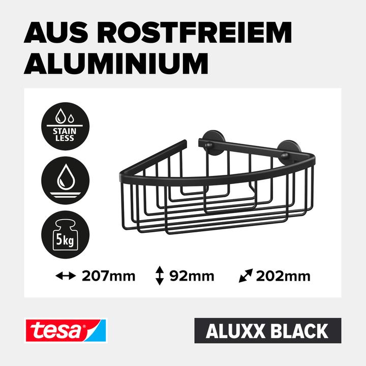 Produktbild tesa ALUXX BLACK Eck-Duschablage inkl. Klebelösung ohne Bohren (9.5 x 20.5 x 21 cm)