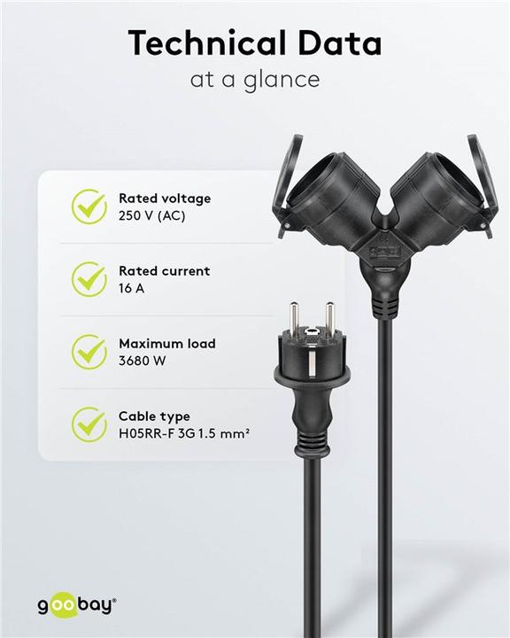 Produktbild Goobay Doppel-Verlängerungskabel Outdoor, 10 m, schwarz (10 m, CEE 7/3)