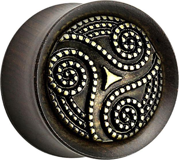 Star Piercing Flared Plug aus Ebenholz gepunkteter Tribal Wirbel (Organisch, Messing)