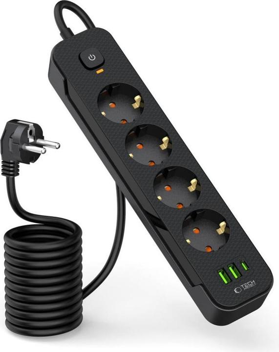 Actual product image Tech-Protect PCL4X3 Power Strip 4 Sockets 240V + 2xUSB-A + 1xUSB-C 200 cm - Black (2 x, USB-A, USB-C, 2 m)
