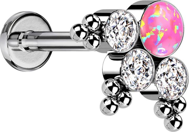Star Piercing Micro Labret Innengewinde silber Kugeln Dreieck drei Kristalle silber Opal pink (ohne Messing, Titan G23)