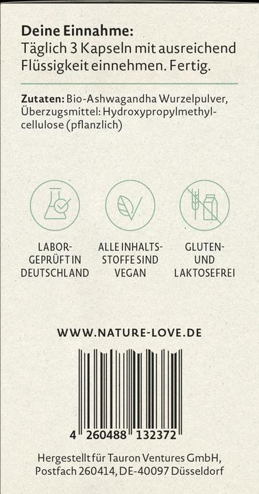 Valori nutrizionali e ingredienti Nature Love Ashwagandha (135 Pezzo/i, 103 g)