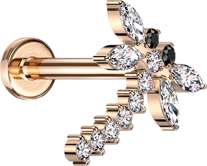 Star Piercing Micro Labret Innengewinde rosegold Libelle rosegold Kristalle silber (ohne Messing, Titan G23)