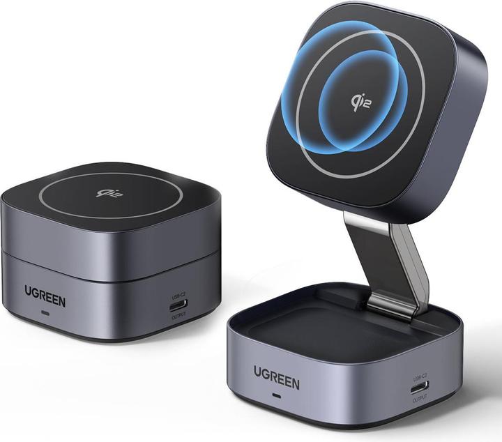 Produktbild Ugreen W702 3in1 inductive charger with MagSafe / Qi2 and USB-C port for phone / headphones - black (15 W)