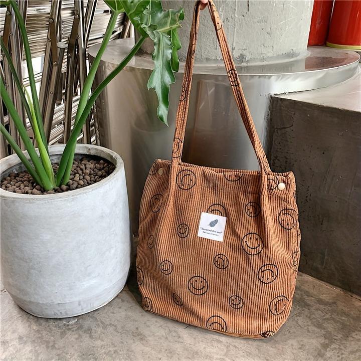 Only-Bags.Store Retro Corduroy Tote Bag, Lächelndes Gesicht Druck Umhängetasche, einfache Handtasche für Schule