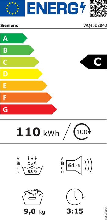 Energy Label Siemens WQ45B2B40 (9 kg, Right, EU plug)